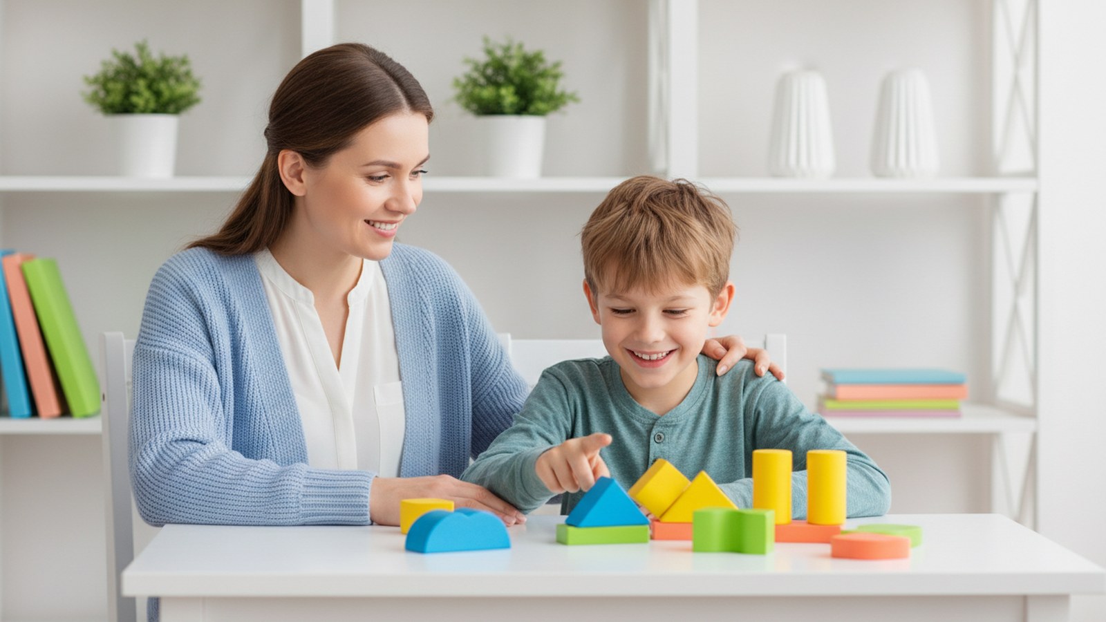 A parent and child reading together over colorful learning blocks
