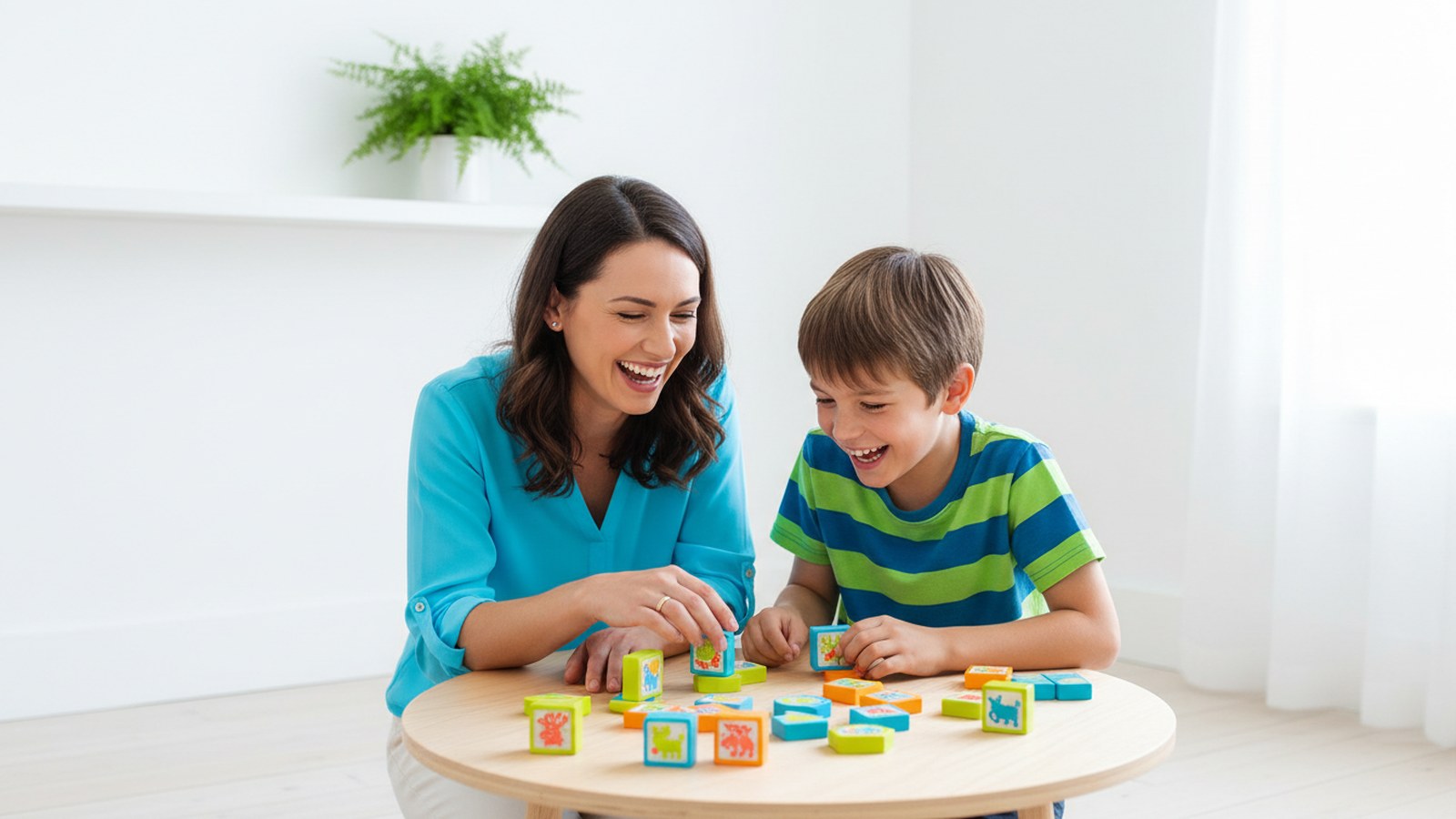 A parent and child doing a fun learning exercise together at a bright table