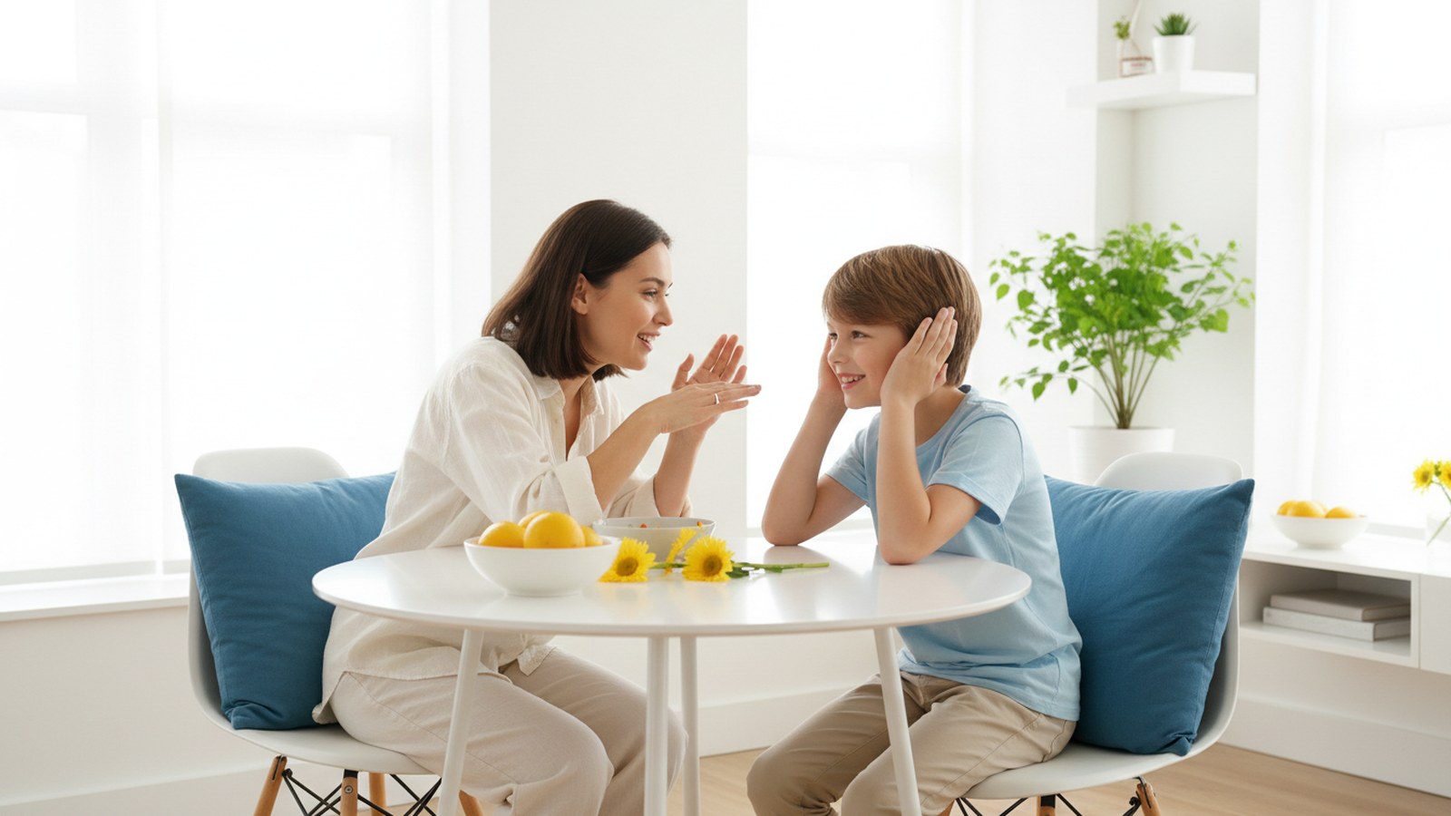 A child and parent playing a listening game together in a bright room