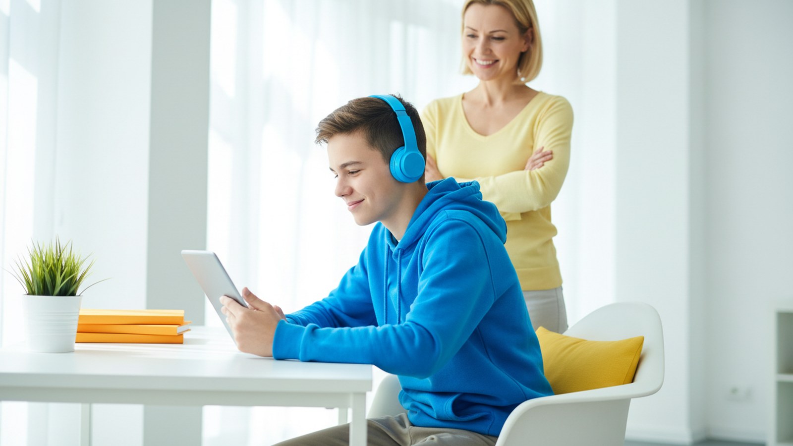 A teenager listening intently with a slight smile in a bright modern room
