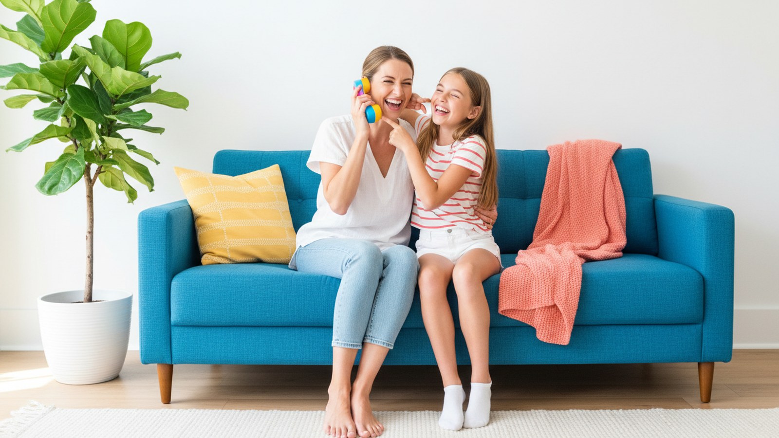 A parent and child sharing a playful listening game on a bright sofa