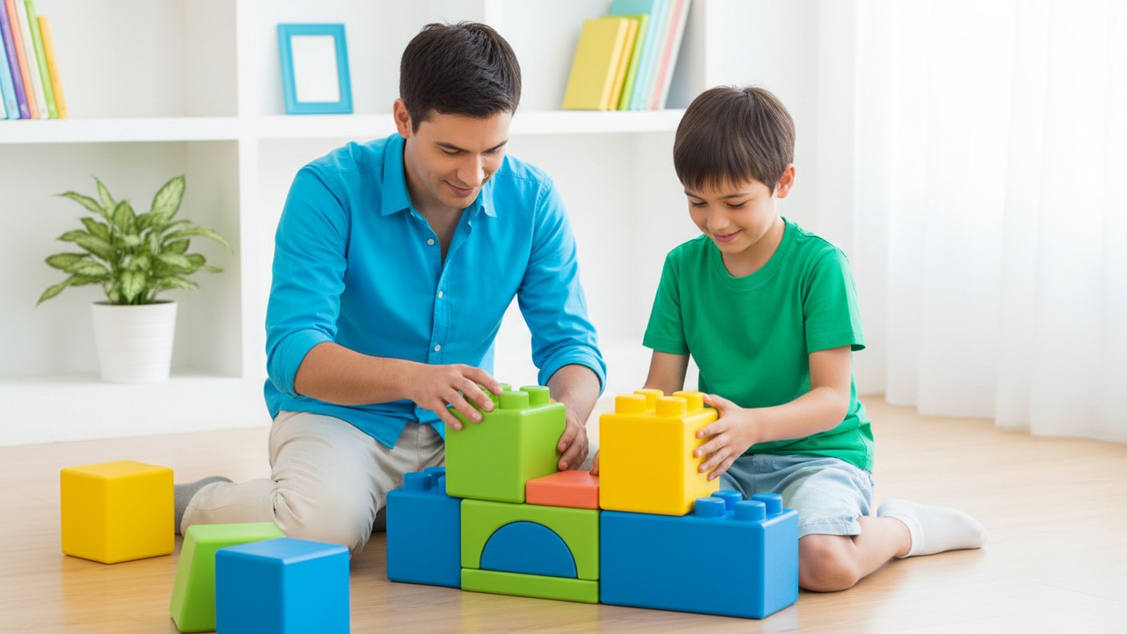 A parent and child stacking building blocks together, both smiling