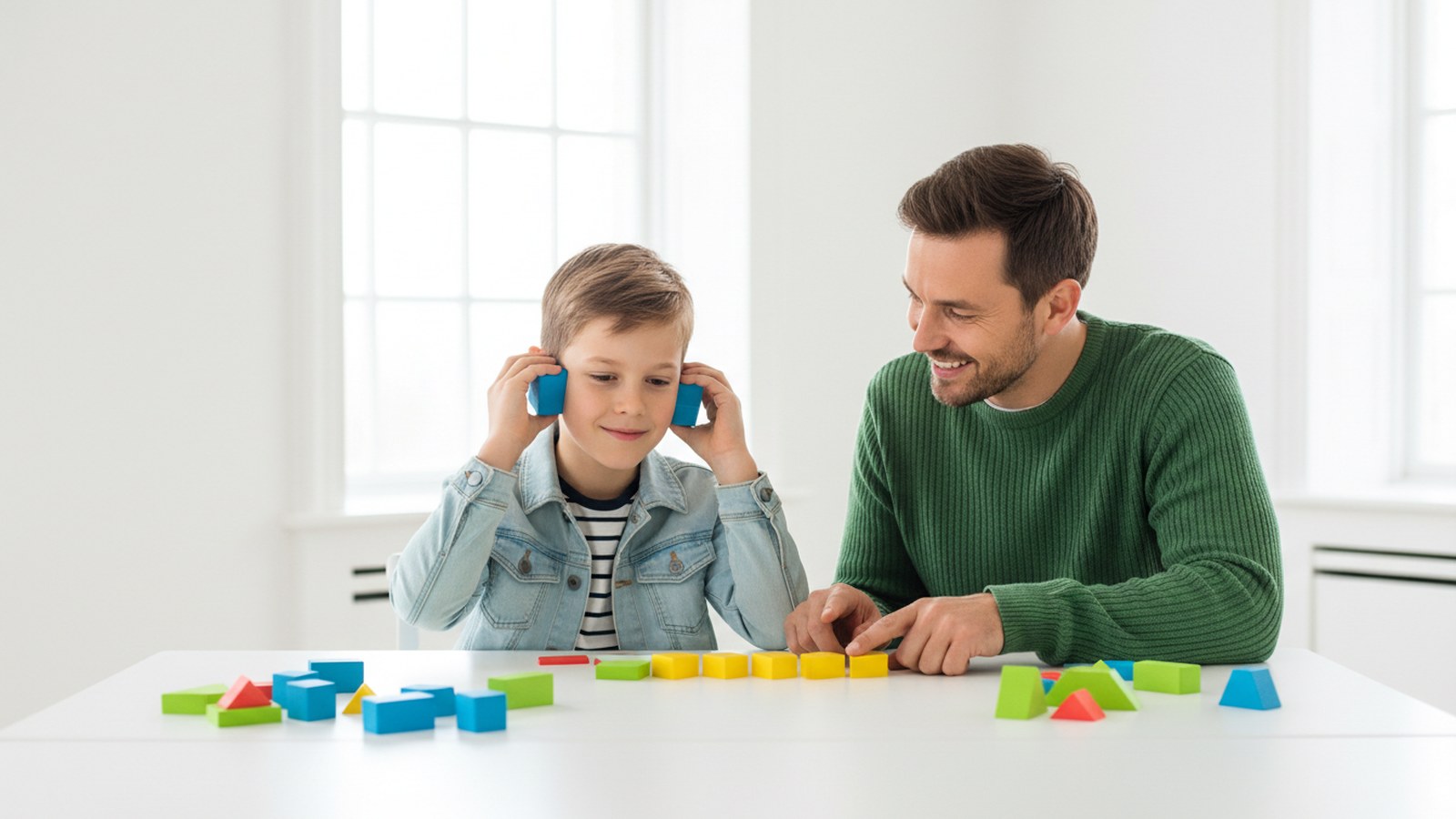 A child listening carefully beside a parent during a sound game at a bright table