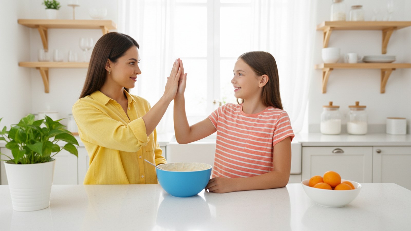 A parent and child working with printable worksheets in a bright kitchen