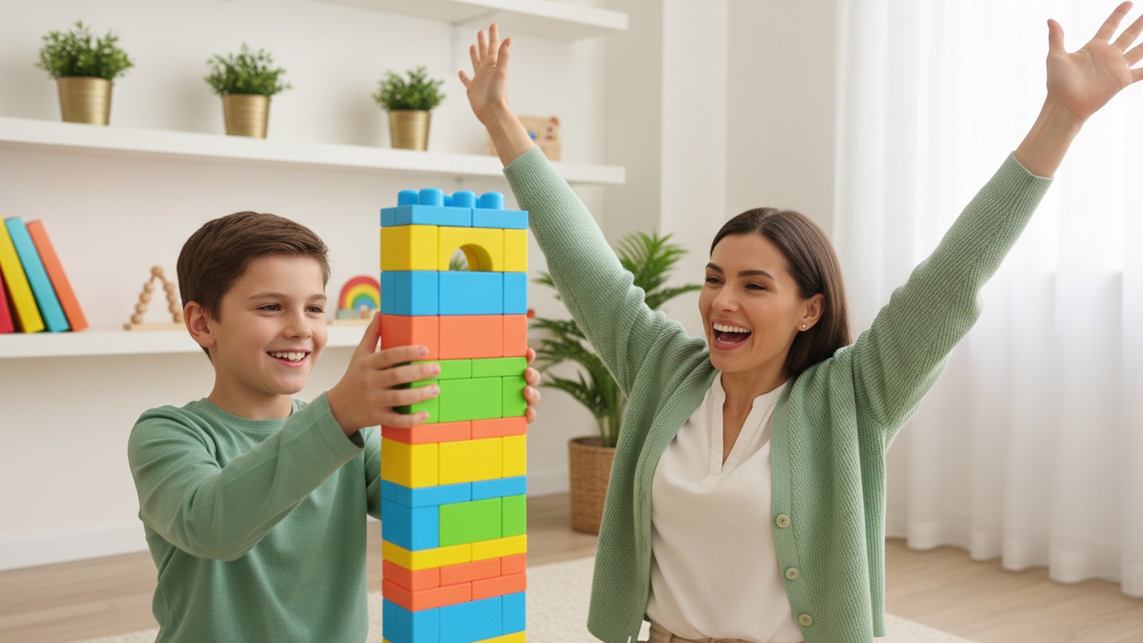 A parent encouraging a child who is proudly showing their work