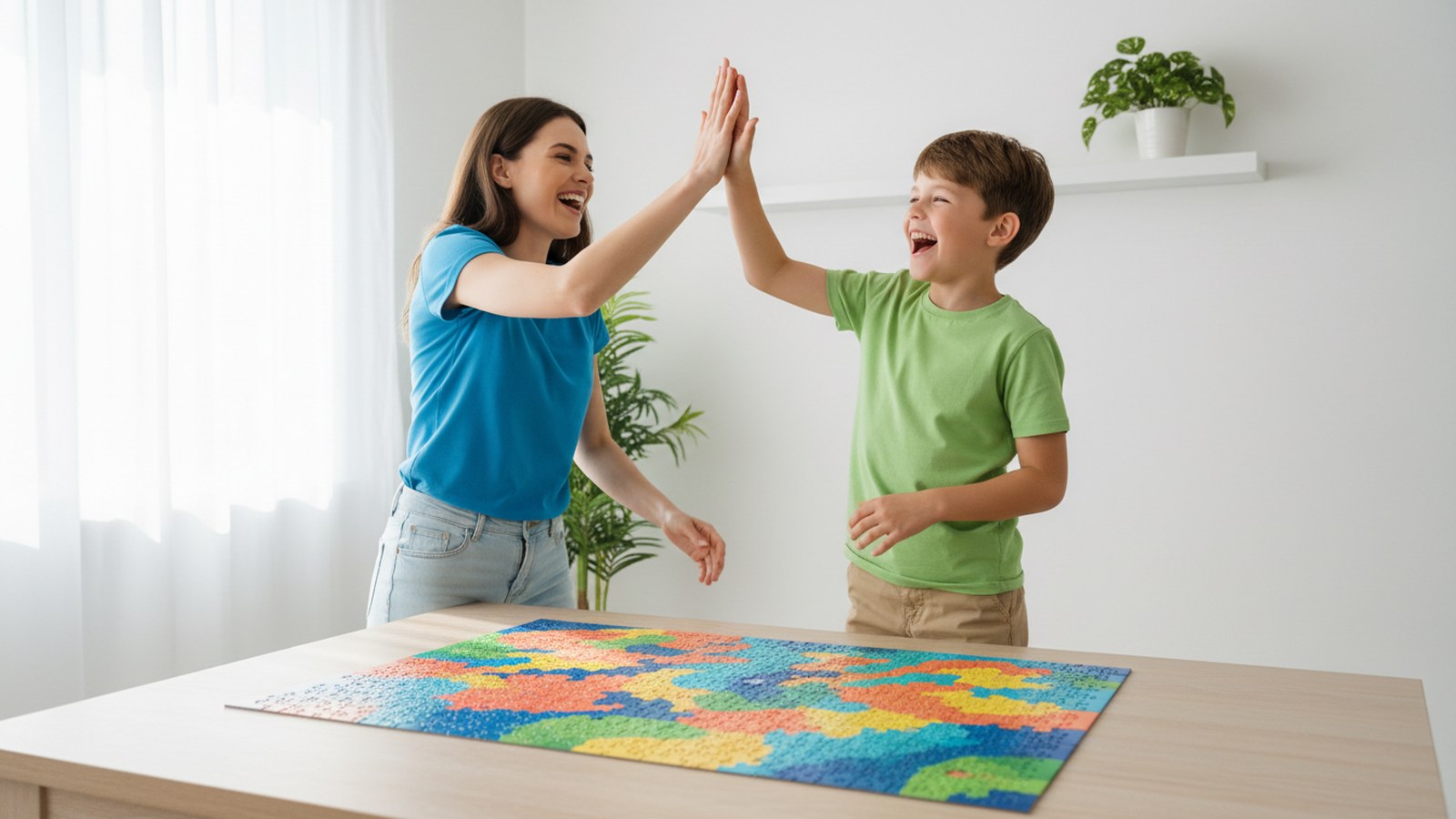 A parent and child celebrating a small win during learning time