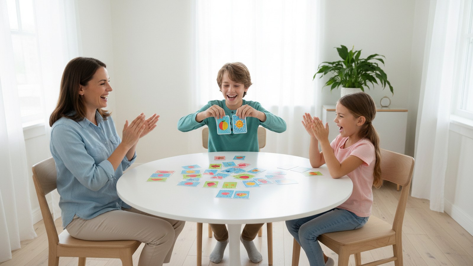 A family playing a colorful card matching game together at a bright table